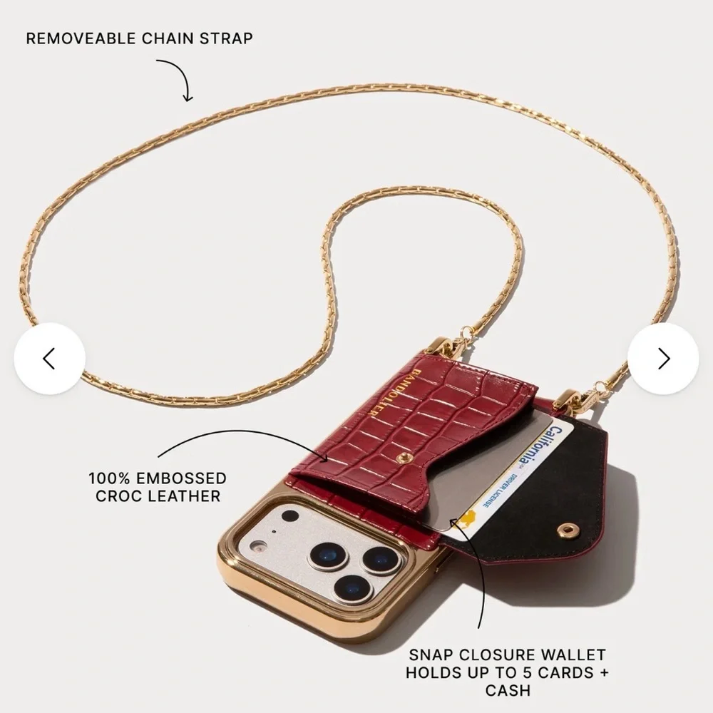 Red Croc-Embossed Phone Case with Gold Chain